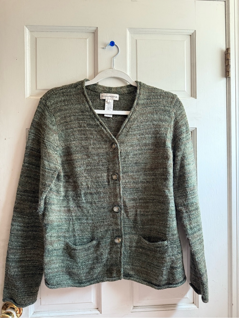 Green Button-Front Wool Blend Cardigan